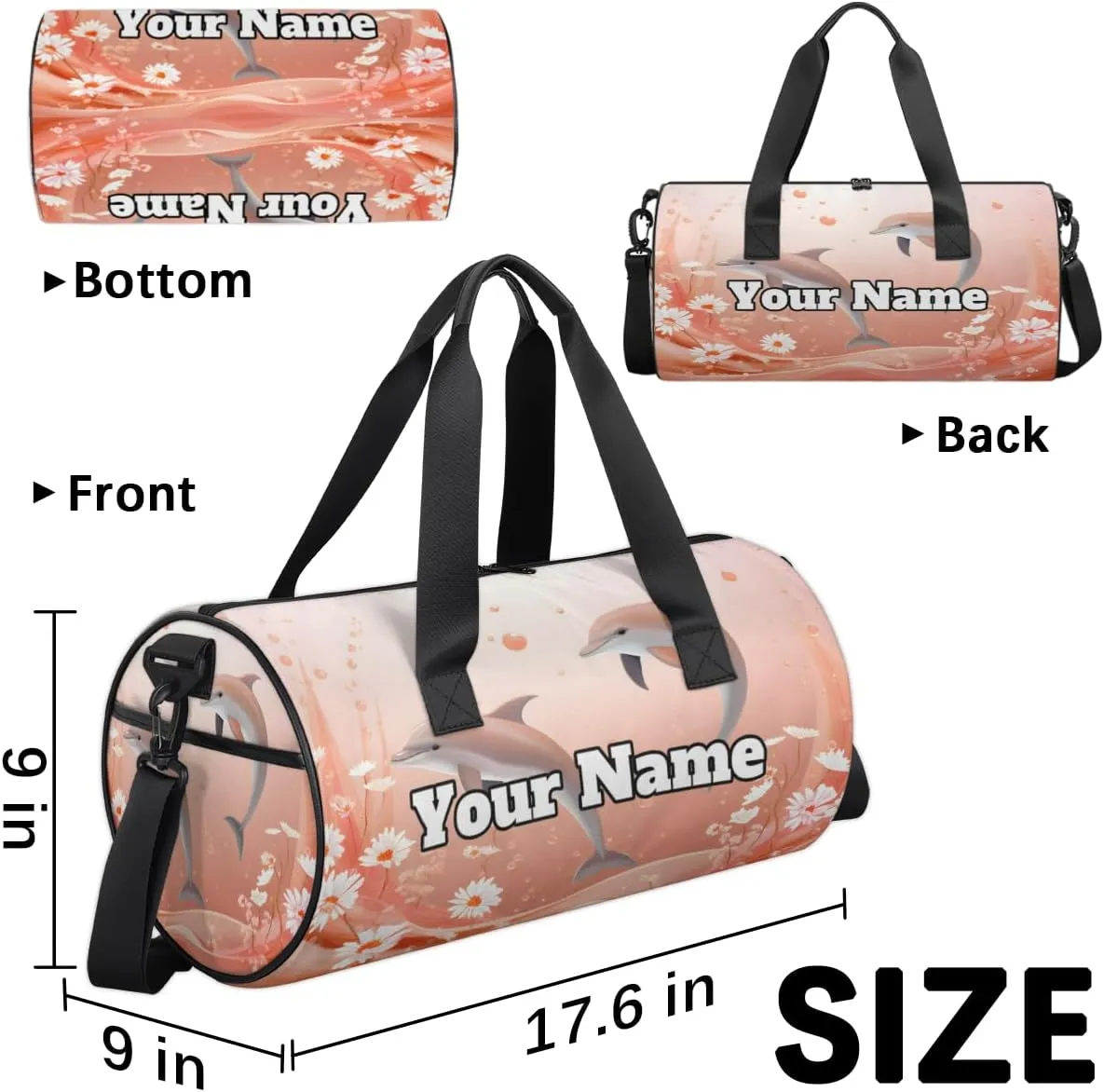 Custom Gym Bag for Women Men with Name, Personalized Dolphin Duffel Bag for Sports, Waterproof Dance Bag, Lightweight Carryon Gym Bag, Flowers