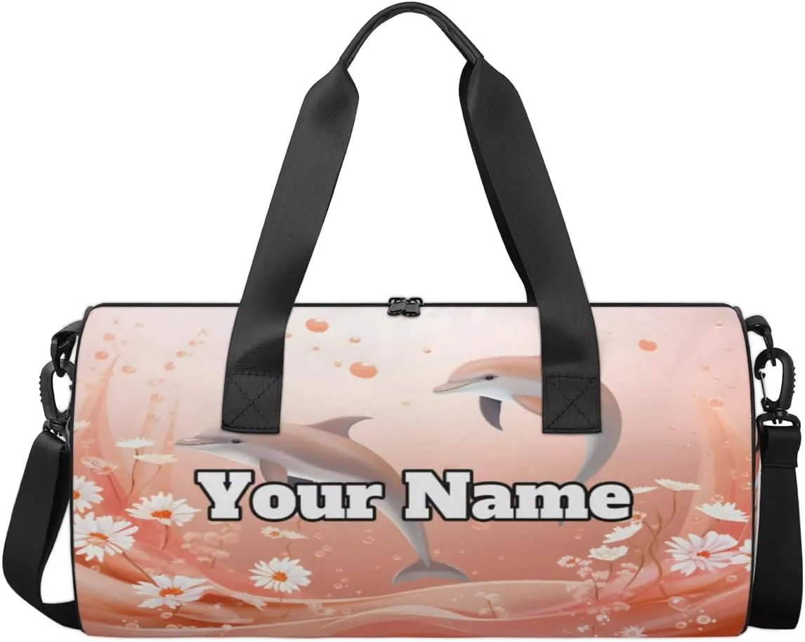 Custom Gym Bag for Women Men with Name, Personalized Dolphin Duffel Bag for Sports, Waterproof Dance Bag, Lightweight Carryon Gym Bag, Flowers