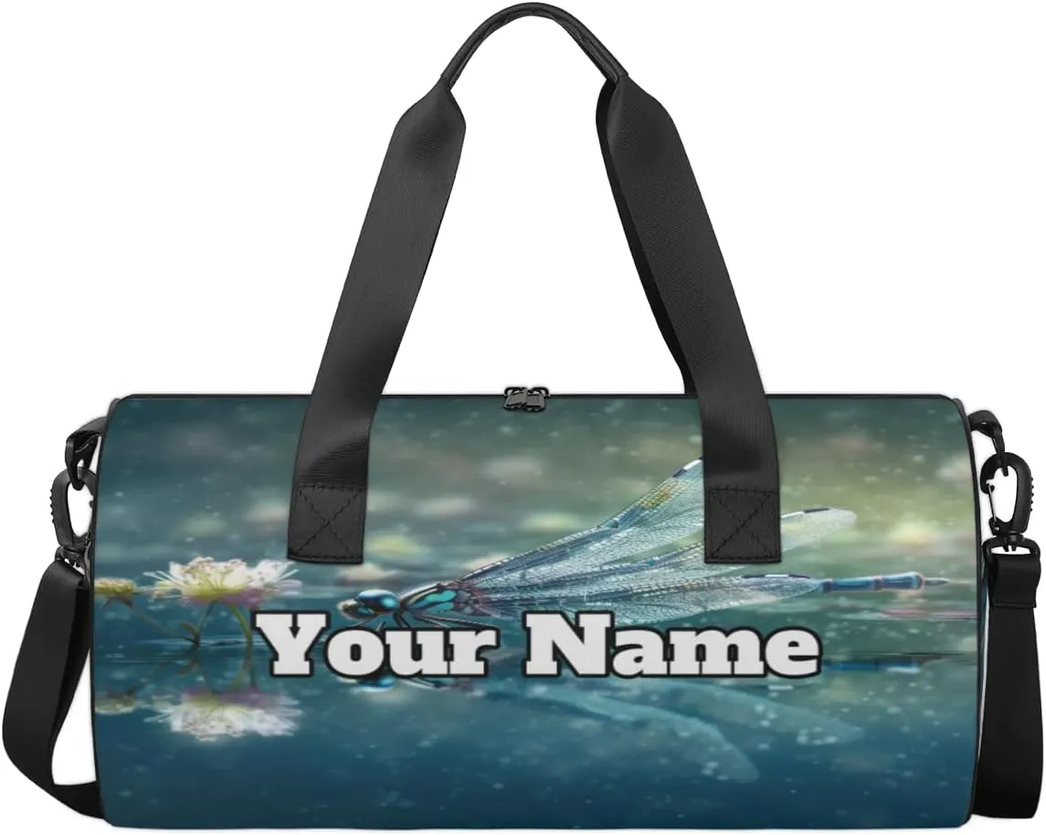 Custom Gym Bag for Women Men with Name, Personalized Dragonfly Duffel Bag for Sports, Waterproof Dance Bag, Lightweight Carryon Gym Bag, Dragonfly Pattern