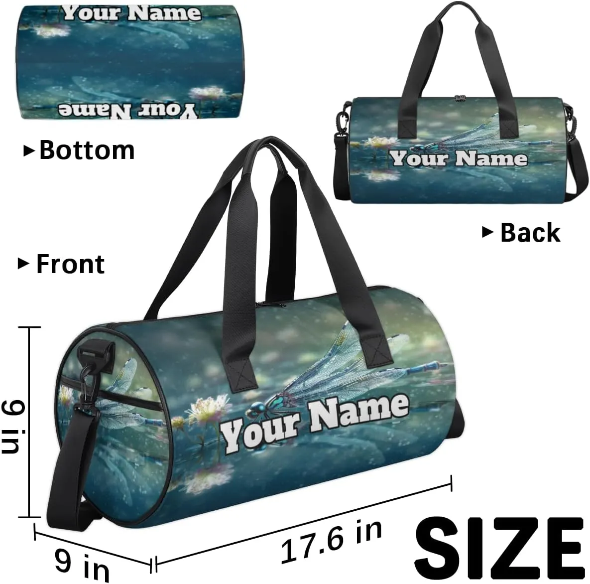 Custom Gym Bag for Women Men with Name, Personalized Dragonfly Duffel Bag for Sports, Waterproof Dance Bag, Lightweight Carryon Gym Bag, Dragonfly Pattern