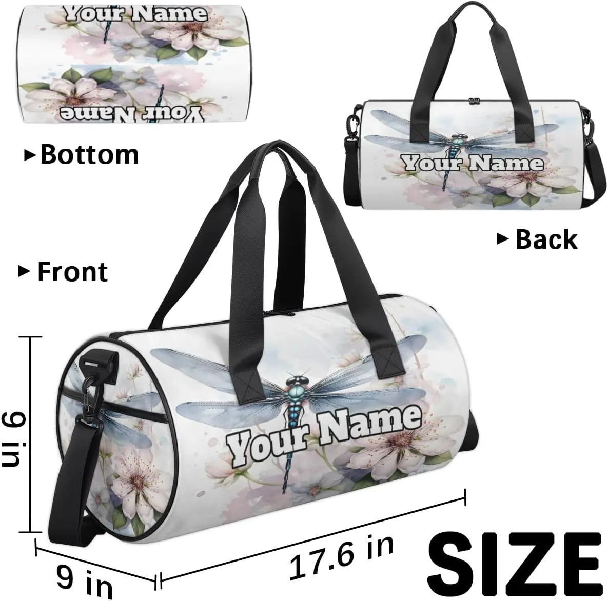 Custom Gym Bag for Women Men with Name, Personalized Dragonfly Duffel Bag for Sports, Waterproof Dance Bag, Lightweight Carryon Gym Bag, Floral Dragonfly