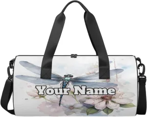 Custom Gym Bag for Women Men with Name, Personalized Dragonfly Duffel Bag for Sports, Waterproof Dance Bag, Lightweight Carryon Gym Bag, Floral Dragonfly