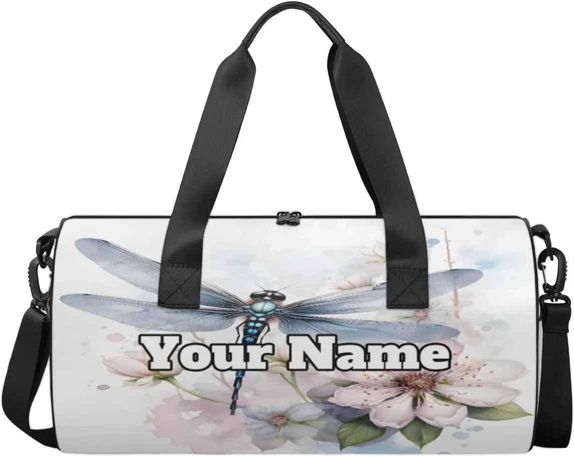 Custom Gym Bag for Women Men with Name, Personalized Dragonfly Duffel Bag for Sports, Waterproof Dance Bag, Lightweight Carryon Gym Bag, Floral Dragonfly