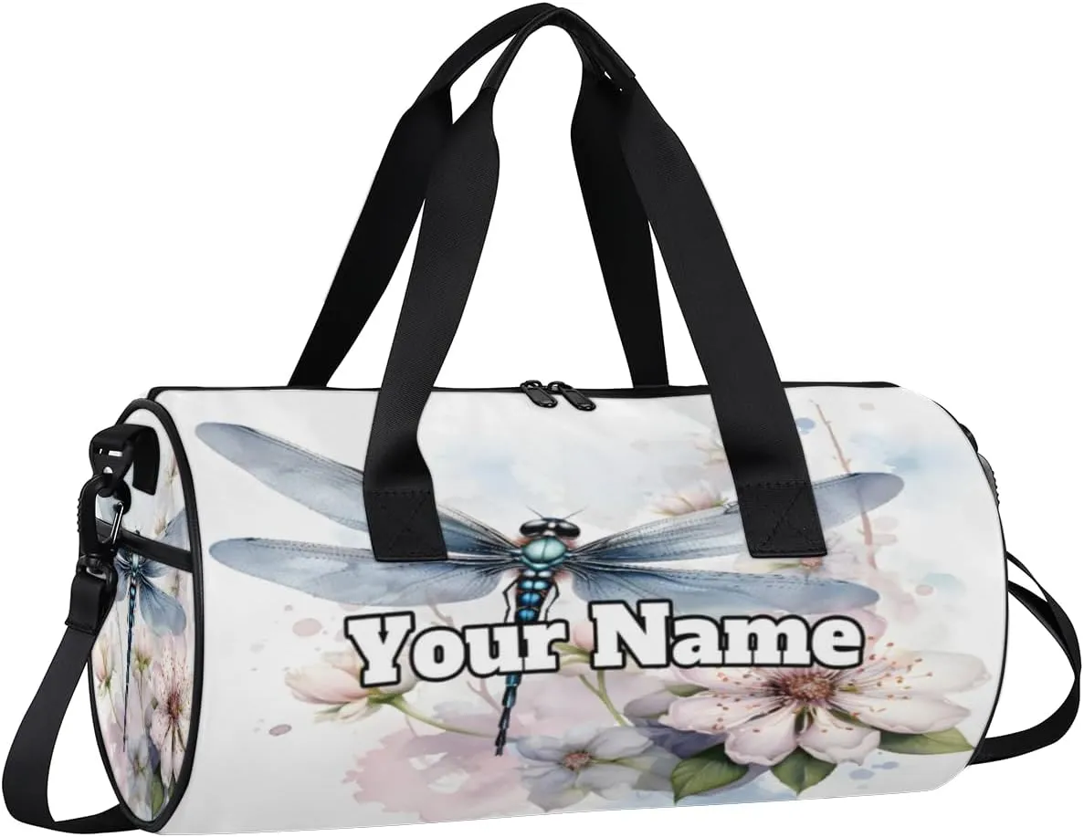 Custom Gym Bag for Women Men with Name, Personalized Dragonfly Duffel Bag for Sports, Waterproof Dance Bag, Lightweight Carryon Gym Bag, Floral Dragonfly