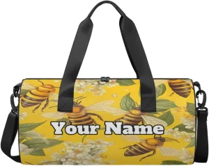 Custom Gym Bag for Women Men with Name, Personalized Funny Honey Bee Duffel Bag for Sports, Waterproof Dance Bag, Lightweight Carryon Gym Bag, Bee Flowers