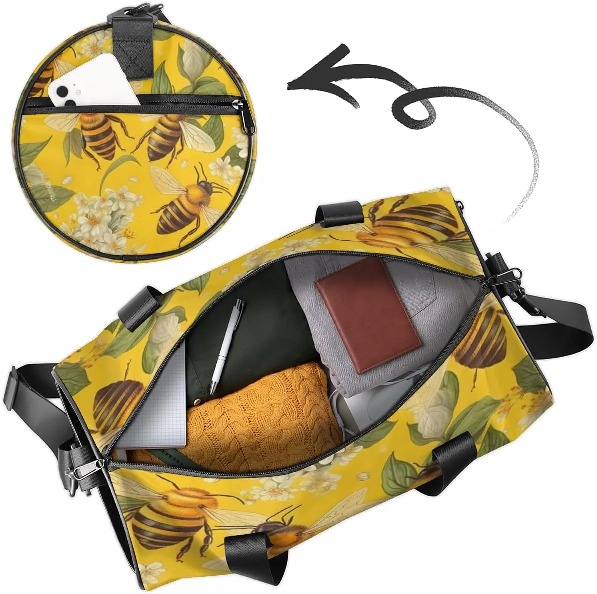 Custom Gym Bag for Women Men with Name, Personalized Funny Honey Bee Duffel Bag for Sports, Waterproof Dance Bag, Lightweight Carryon Gym Bag, Bee Flowers