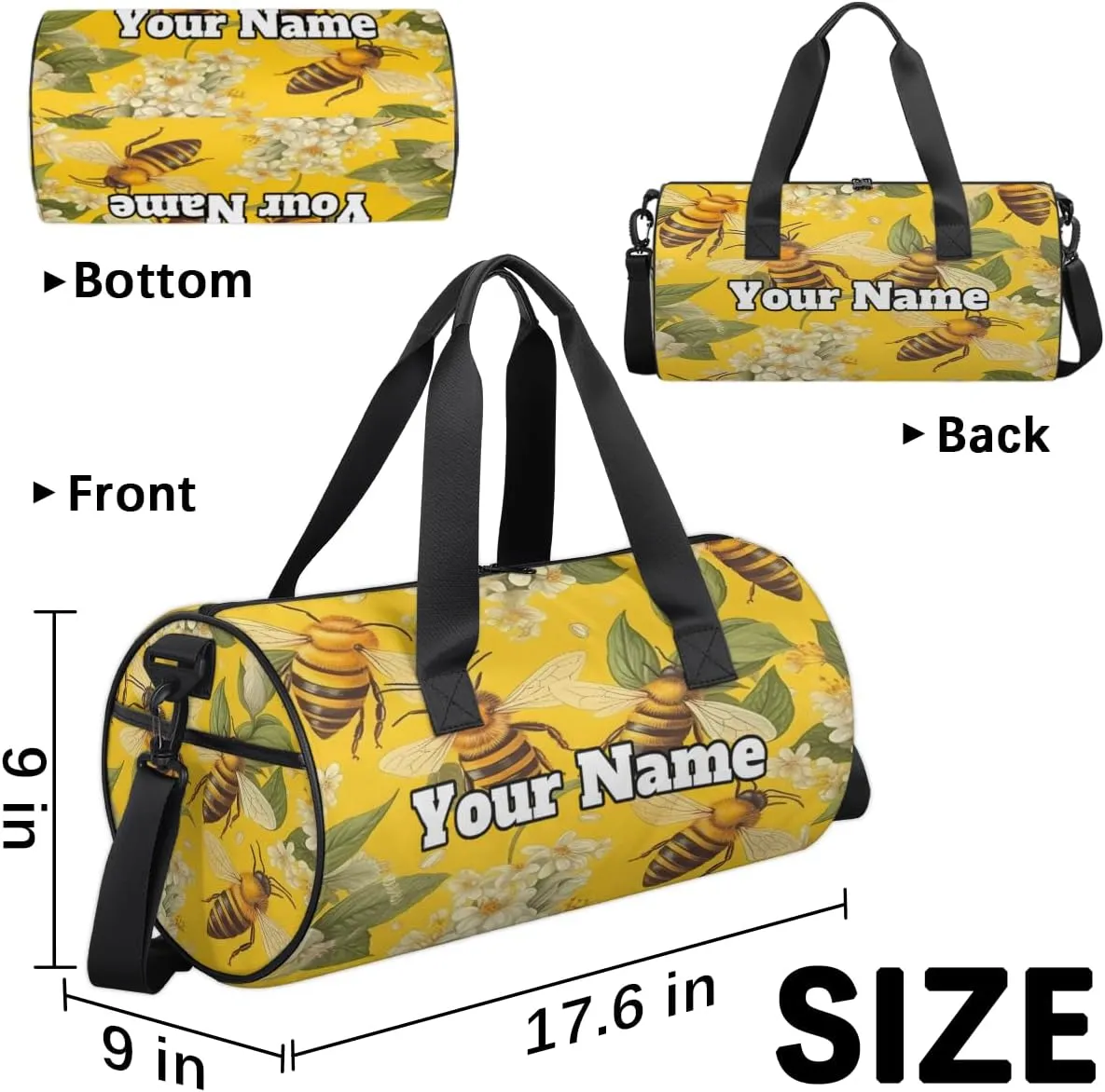 Custom Gym Bag for Women Men with Name, Personalized Funny Honey Bee Duffel Bag for Sports, Waterproof Dance Bag, Lightweight Carryon Gym Bag, Bee Flowers