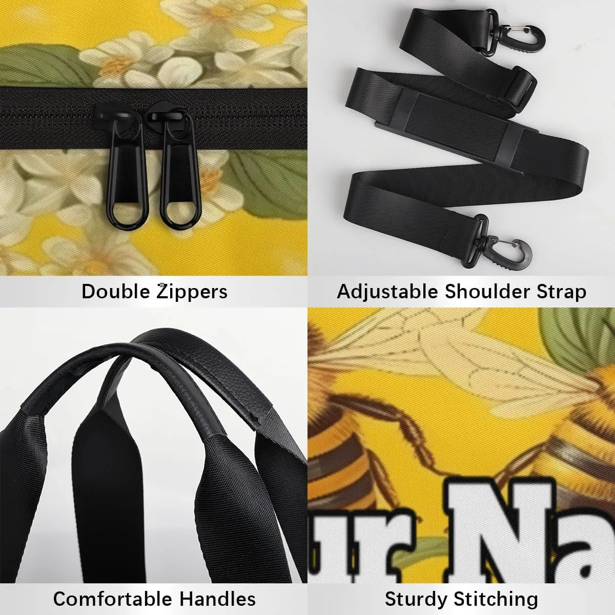 Custom Gym Bag for Women Men with Name, Personalized Funny Honey Bee Duffel Bag for Sports, Waterproof Dance Bag, Lightweight Carryon Gym Bag, Bee Flowers