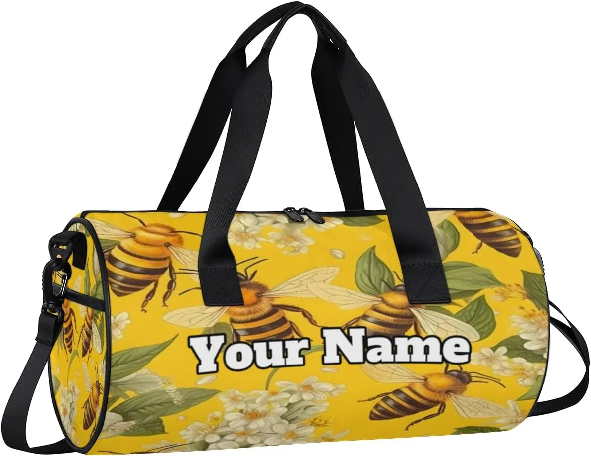 Custom Gym Bag for Women Men with Name, Personalized Funny Honey Bee Duffel Bag for Sports, Waterproof Dance Bag, Lightweight Carryon Gym Bag, Bee Flowers