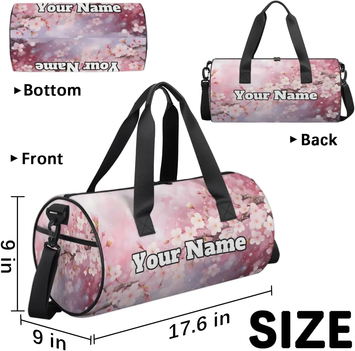 Custom Gym Bag for Women Men with Name, Personalized Japanese Cherry Duffel Bag for Sports, Waterproof Dance Bag, Lightweight Carryon Gym Bag, Cherry Blossom