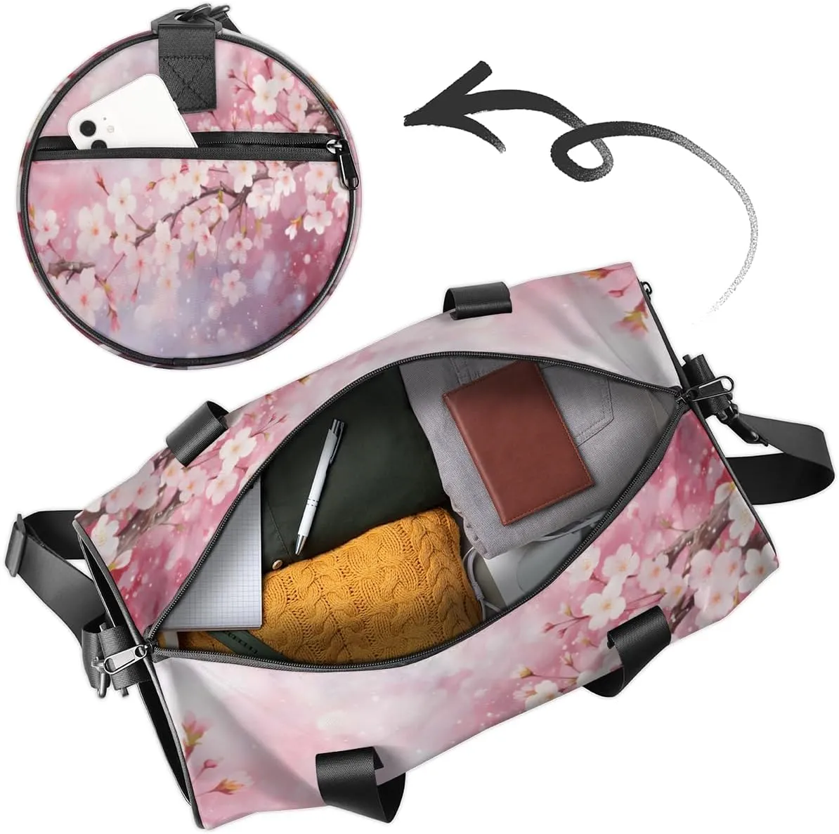 Custom Gym Bag for Women Men with Name, Personalized Japanese Cherry Duffel Bag for Sports, Waterproof Dance Bag, Lightweight Carryon Gym Bag, Cherry Blossom