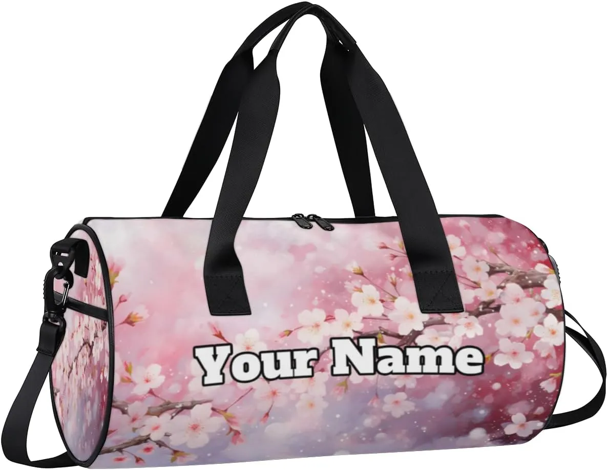 Custom Gym Bag for Women Men with Name, Personalized Japanese Cherry Duffel Bag for Sports, Waterproof Dance Bag, Lightweight Carryon Gym Bag, Cherry Blossom