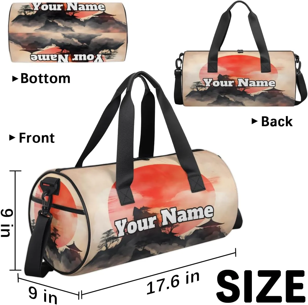 Custom Gym Bag for Women Men with Name, Personalized Japanese Sunrise Duffel Bag for Sports, Waterproof Dance Bag, Lightweight Carryon Gym Bag, Retro Sunrise