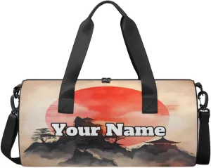 Custom Gym Bag for Women Men with Name, Personalized Japanese Sunrise Duffel Bag for Sports, Waterproof Dance Bag, Lightweight Carryon Gym Bag, Retro Sunrise