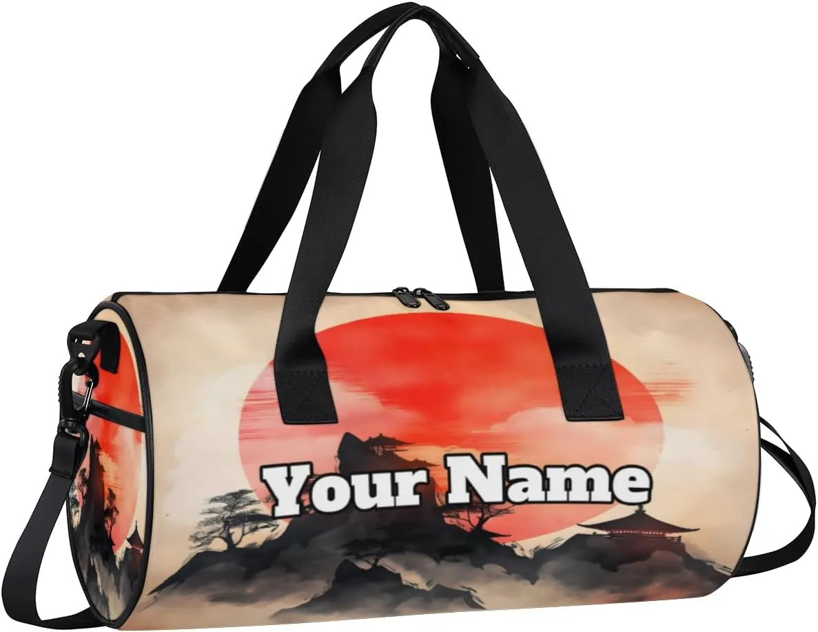 Custom Gym Bag for Women Men with Name, Personalized Japanese Sunrise Duffel Bag for Sports, Waterproof Dance Bag, Lightweight Carryon Gym Bag, Retro Sunrise