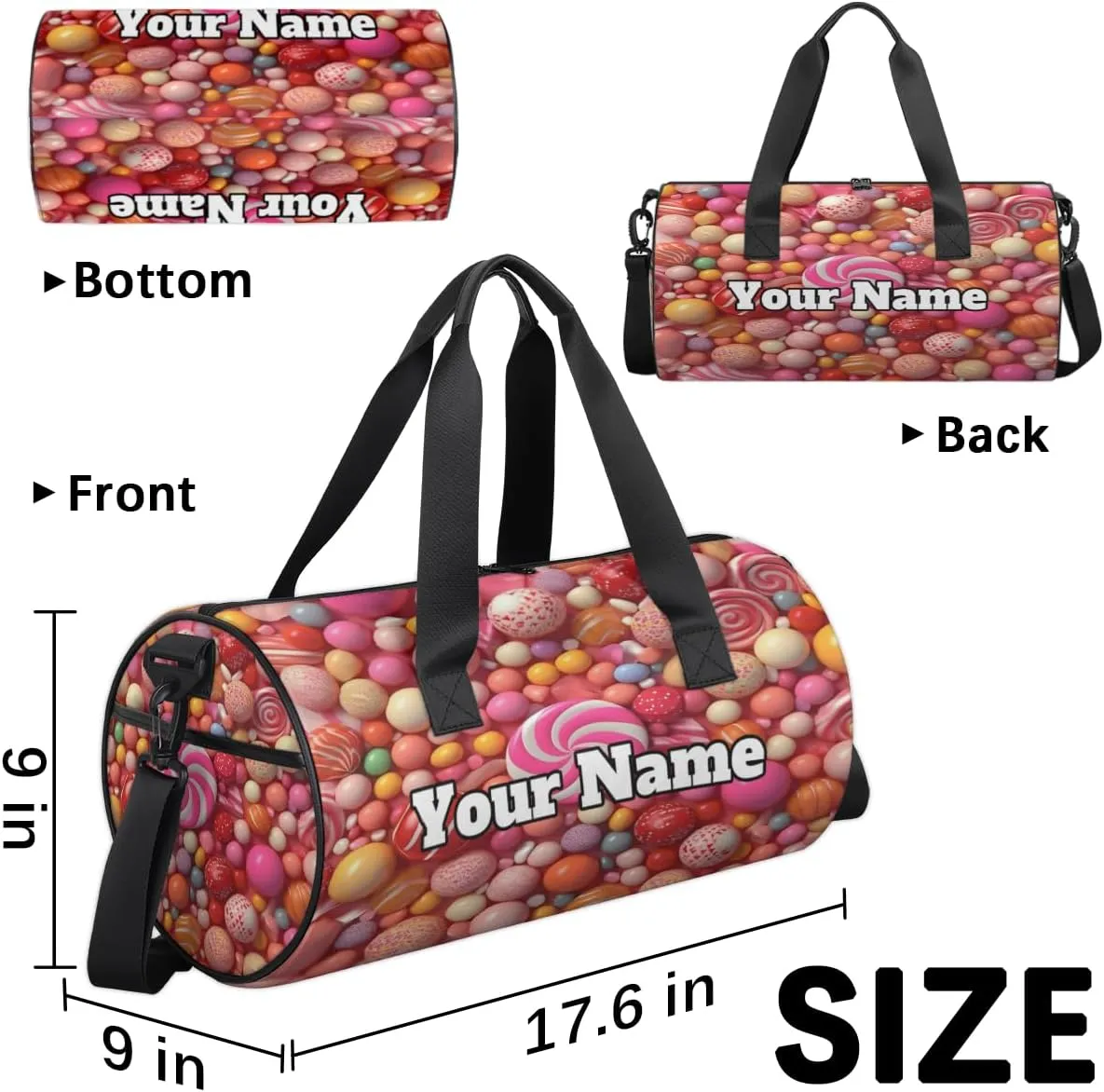 Custom Gym Bag for Women Men with Name, Personalized Lollipop Duffel Bag for Sports, Waterproof Dance Bag, Lightweight Carryon Gym Bag, Lollipop