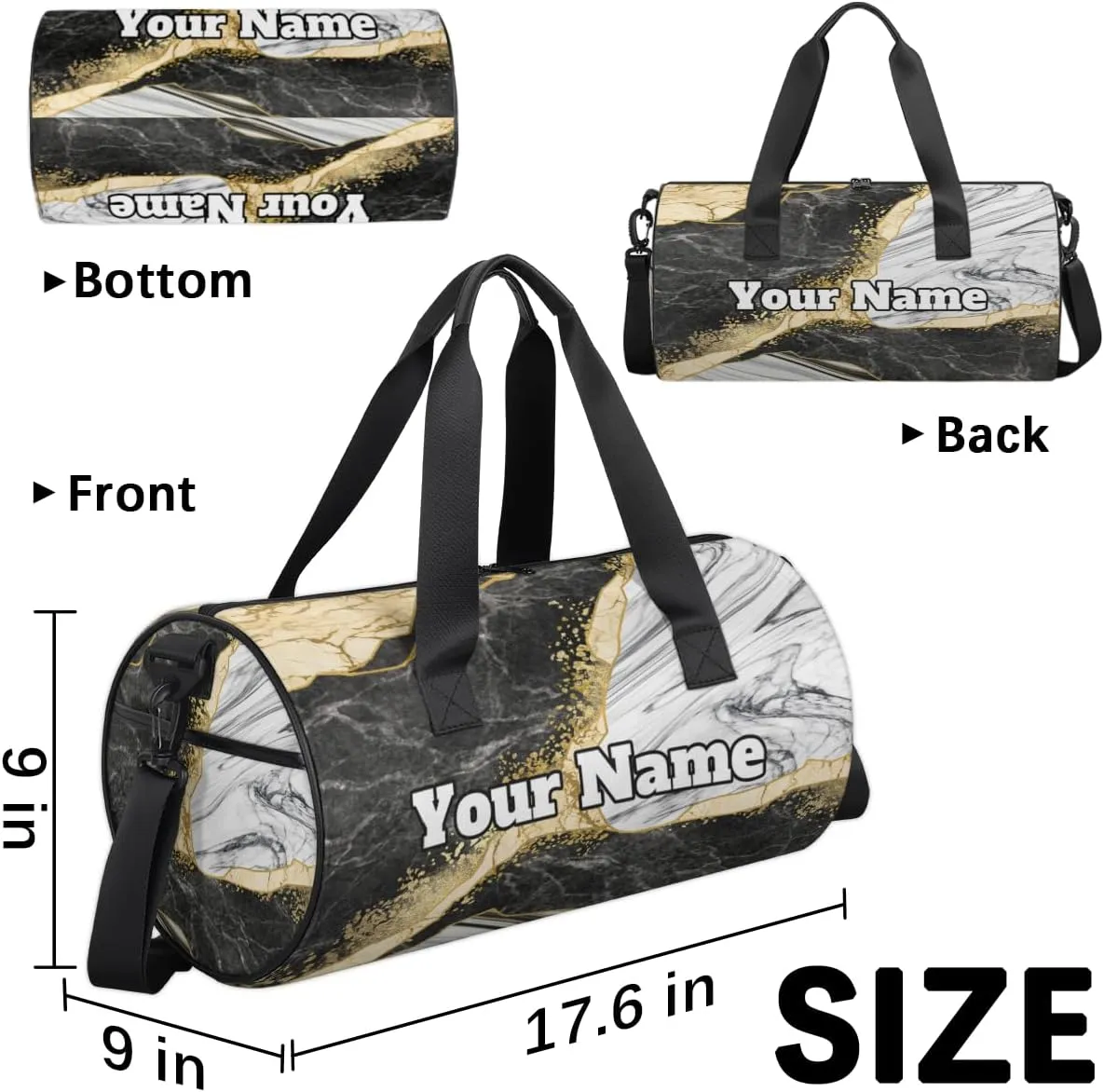 Custom Gym Bag for Women Men with Name, Personalized Marble Duffel Bag for Sports, Waterproof Dance Bag, Lightweight Carryon Gym Bag,
