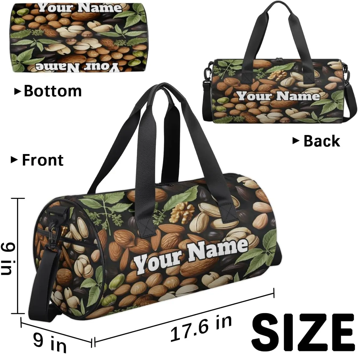 Custom Gym Bag for Women Men with Name, Personalized Nuts Themes Duffel Bag for Sports, Waterproof Dance Bag, Lightweight Carryon Gym Bag, Nuts