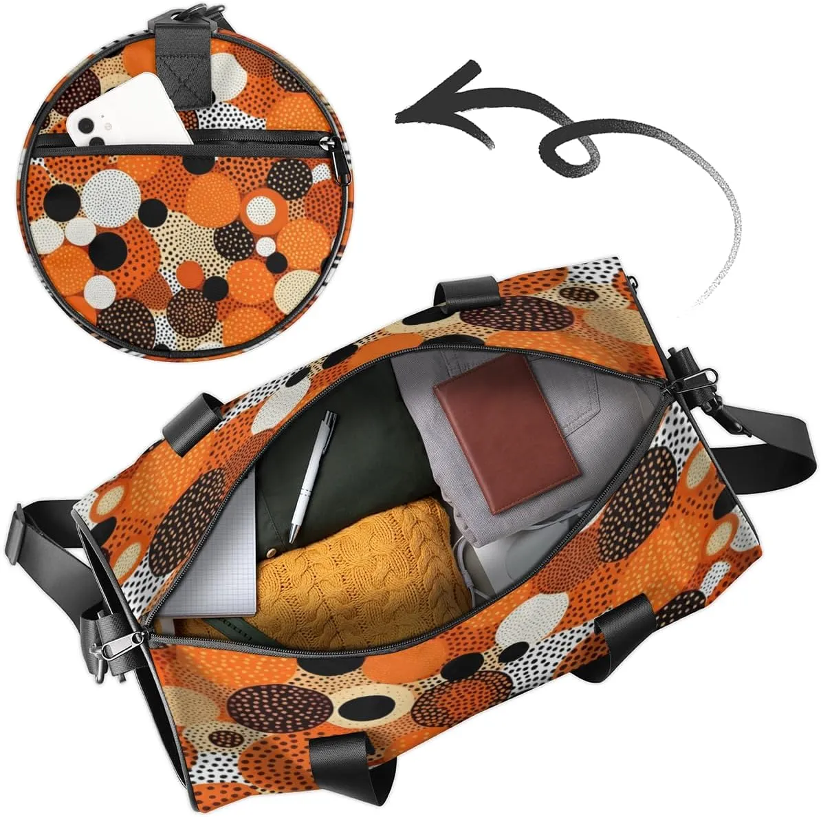 Custom Gym Bag for Women Men with Name, Personalized Orange Dots Duffel Bag for Sports, Waterproof Dance Bag, Lightweight Carryon Gym Bag, Dots