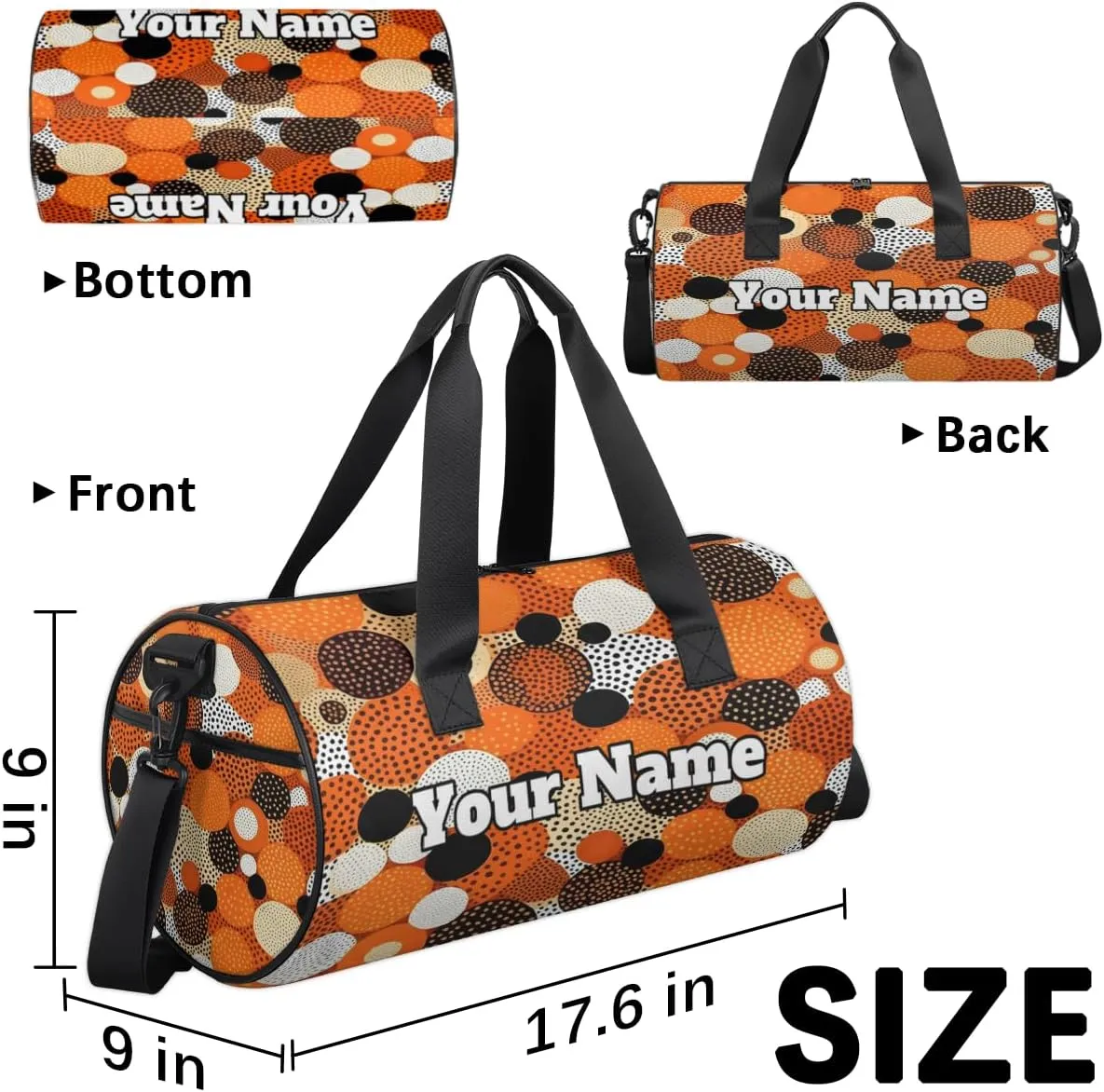 Custom Gym Bag for Women Men with Name, Personalized Orange Dots Duffel Bag for Sports, Waterproof Dance Bag, Lightweight Carryon Gym Bag, Dots