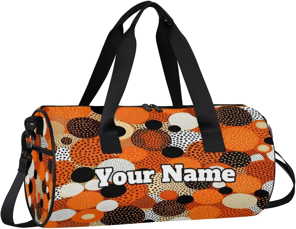 Custom Gym Bag for Women Men with Name, Personalized Orange Dots Duffel Bag for Sports, Waterproof Dance Bag, Lightweight Carryon Gym Bag, Dots