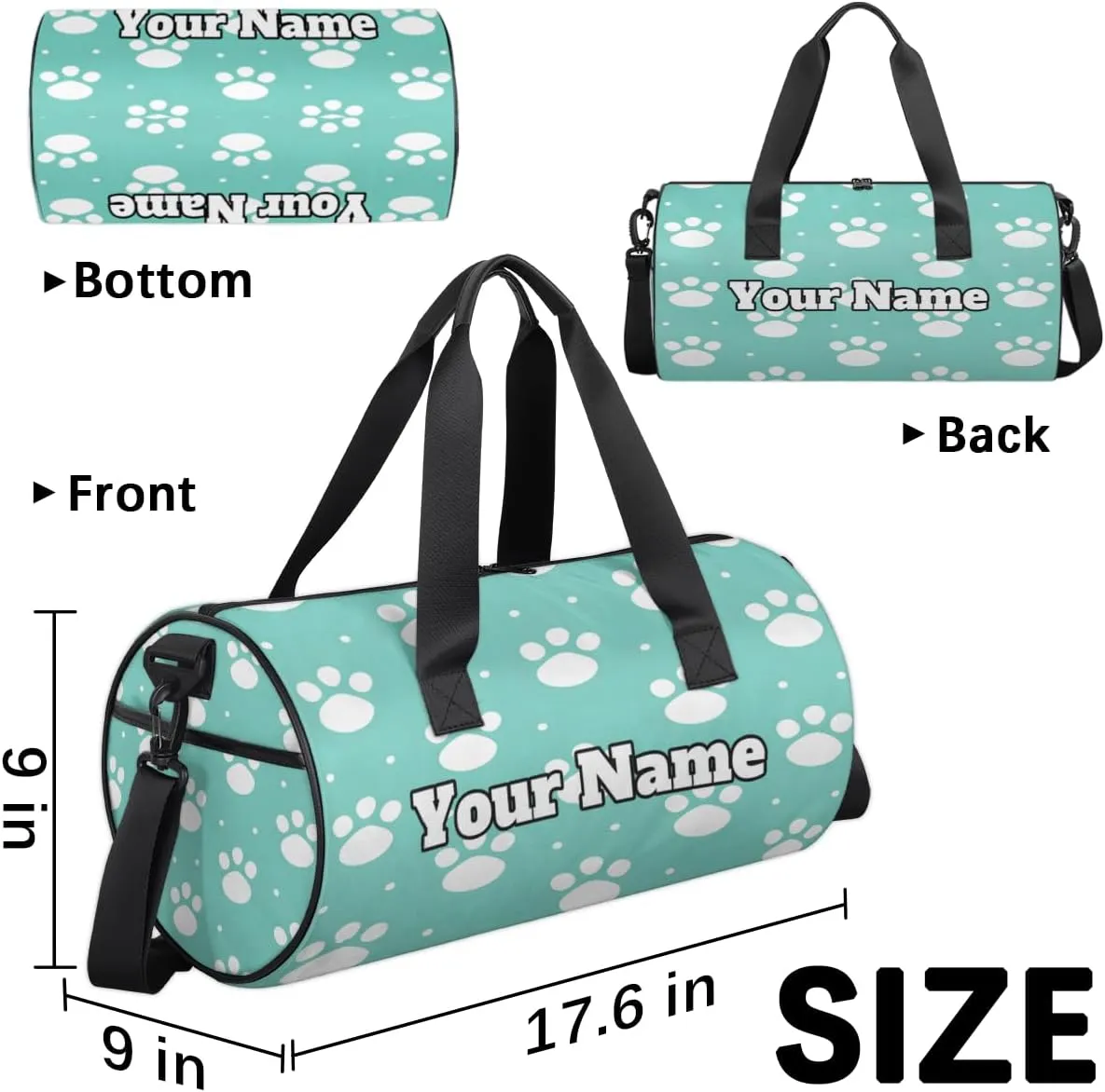 Custom Gym Bag for Women Men with Name, Personalized Paw Print Duffel Bag for Sports, Waterproof Dance Bag, Lightweight Carryon Gym Bag, Dogs Paw