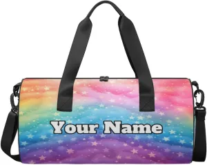 Custom Gym Bag for Women Men with Name, Personalized Rainbow Star Duffel Bag for Sports, Waterproof Dance Bag, Lightweight Carryon Gym Bag, Rainbow