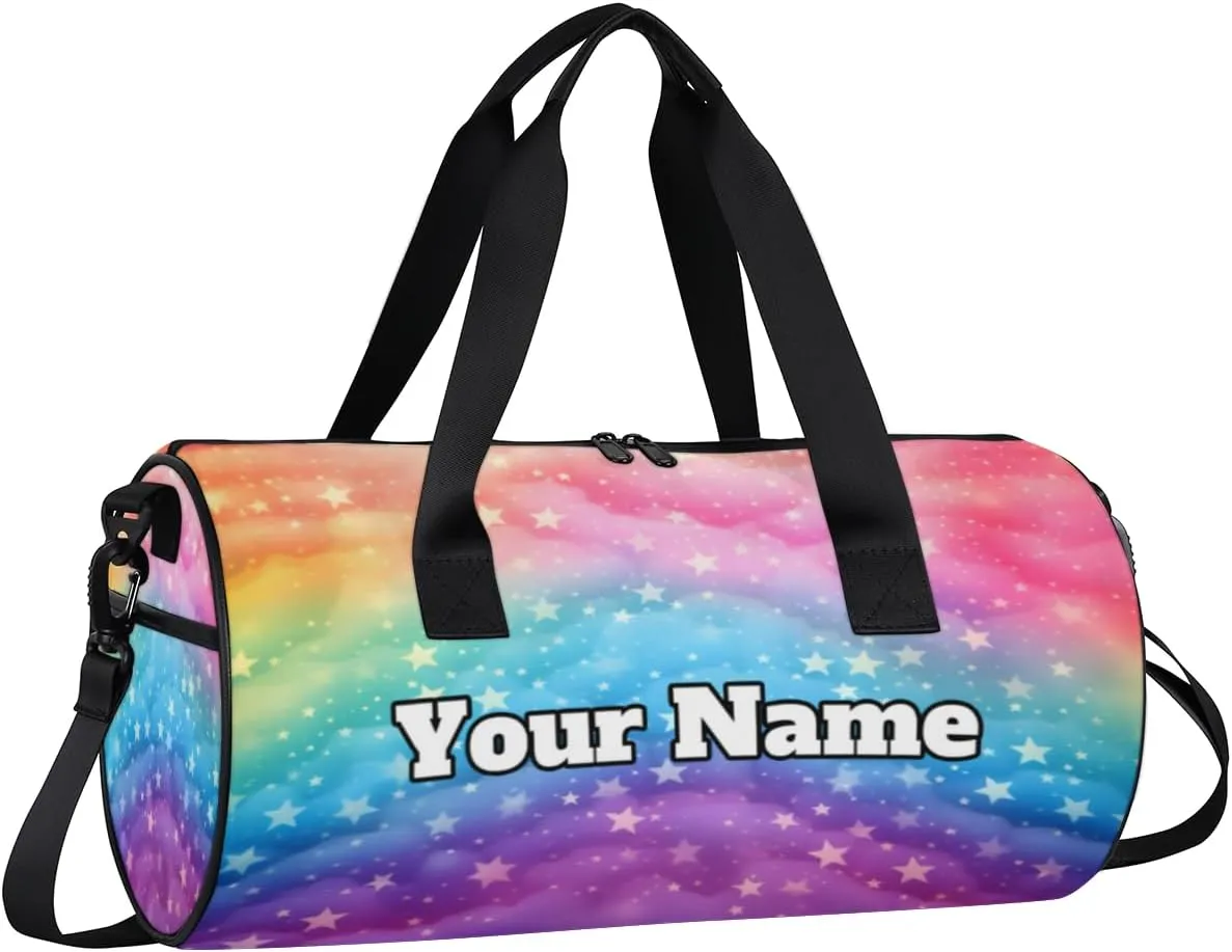 Custom Gym Bag for Women Men with Name, Personalized Rainbow Star Duffel Bag for Sports, Waterproof Dance Bag, Lightweight Carryon Gym Bag, Rainbow