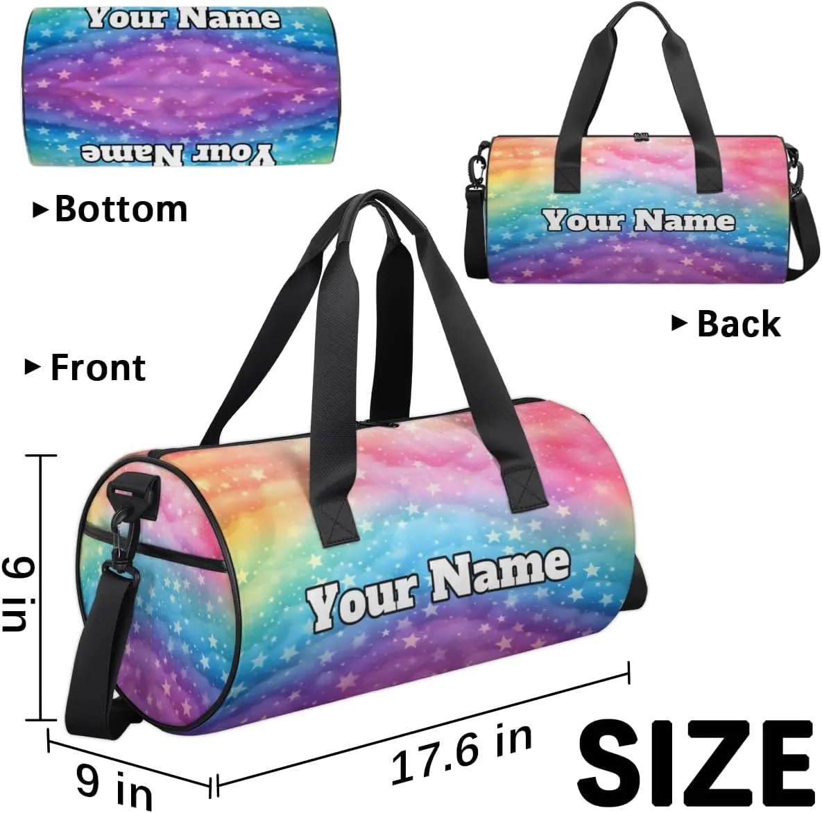 Custom Gym Bag for Women Men with Name, Personalized Rainbow Star Duffel Bag for Sports, Waterproof Dance Bag, Lightweight Carryon Gym Bag, Rainbow