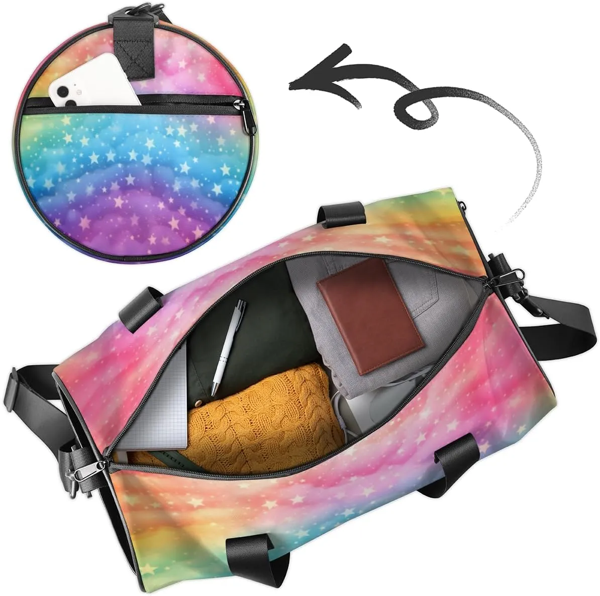 Custom Gym Bag for Women Men with Name, Personalized Rainbow Star Duffel Bag for Sports, Waterproof Dance Bag, Lightweight Carryon Gym Bag, Rainbow