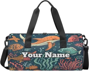 Custom Gym Bag for Women Men with Name, Personalized Vintage Seagrass Whale Duffel Bag for Sports, Waterproof Dance Bag, Lightweight Carryon Gym Bag, Sea Animals