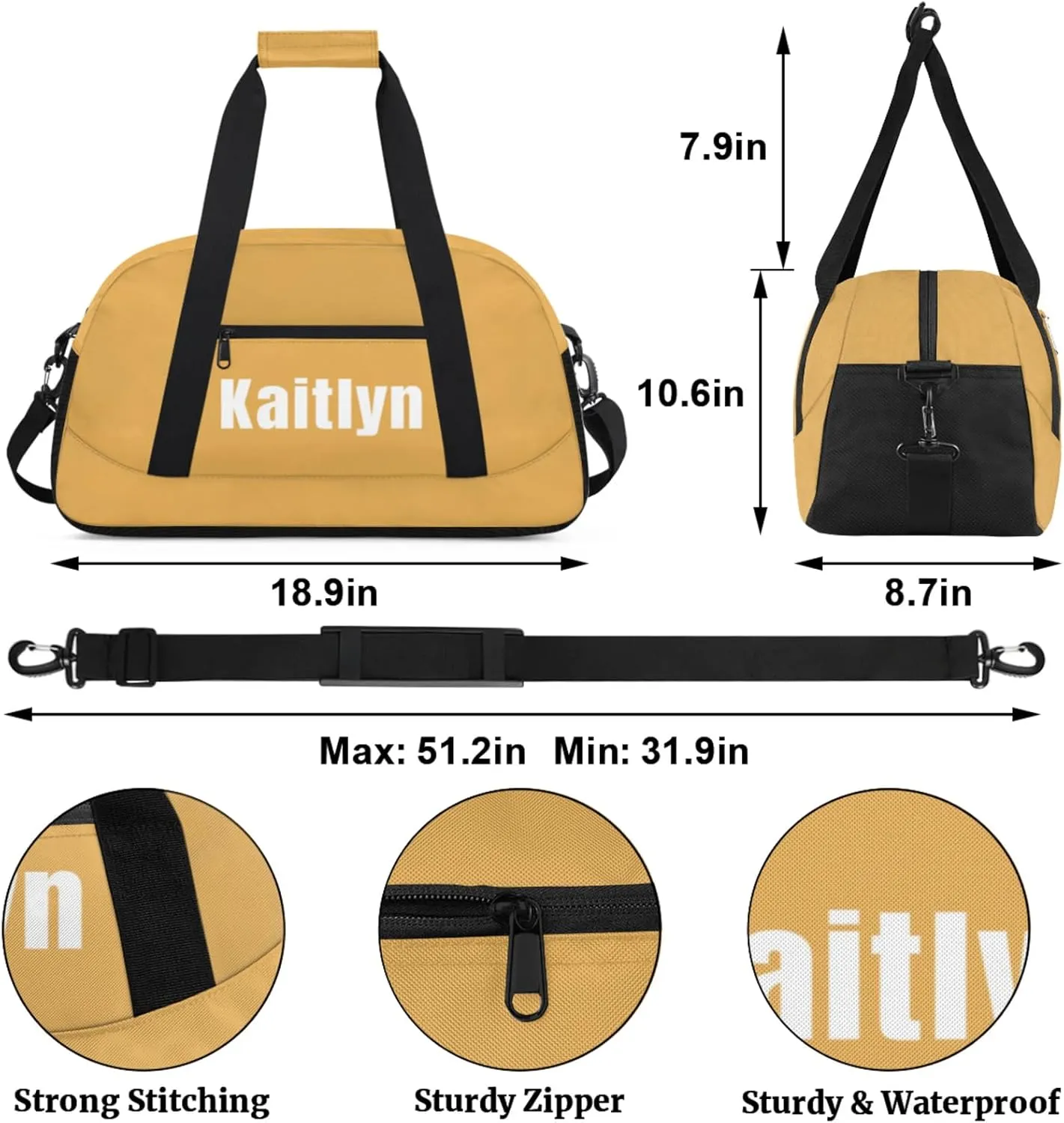 Custom Kids Duffel Bags with Name - On Overnight Travel Gym Lightweight Dance Personalize Sports Bags For Girls Boys Kids, Yellow