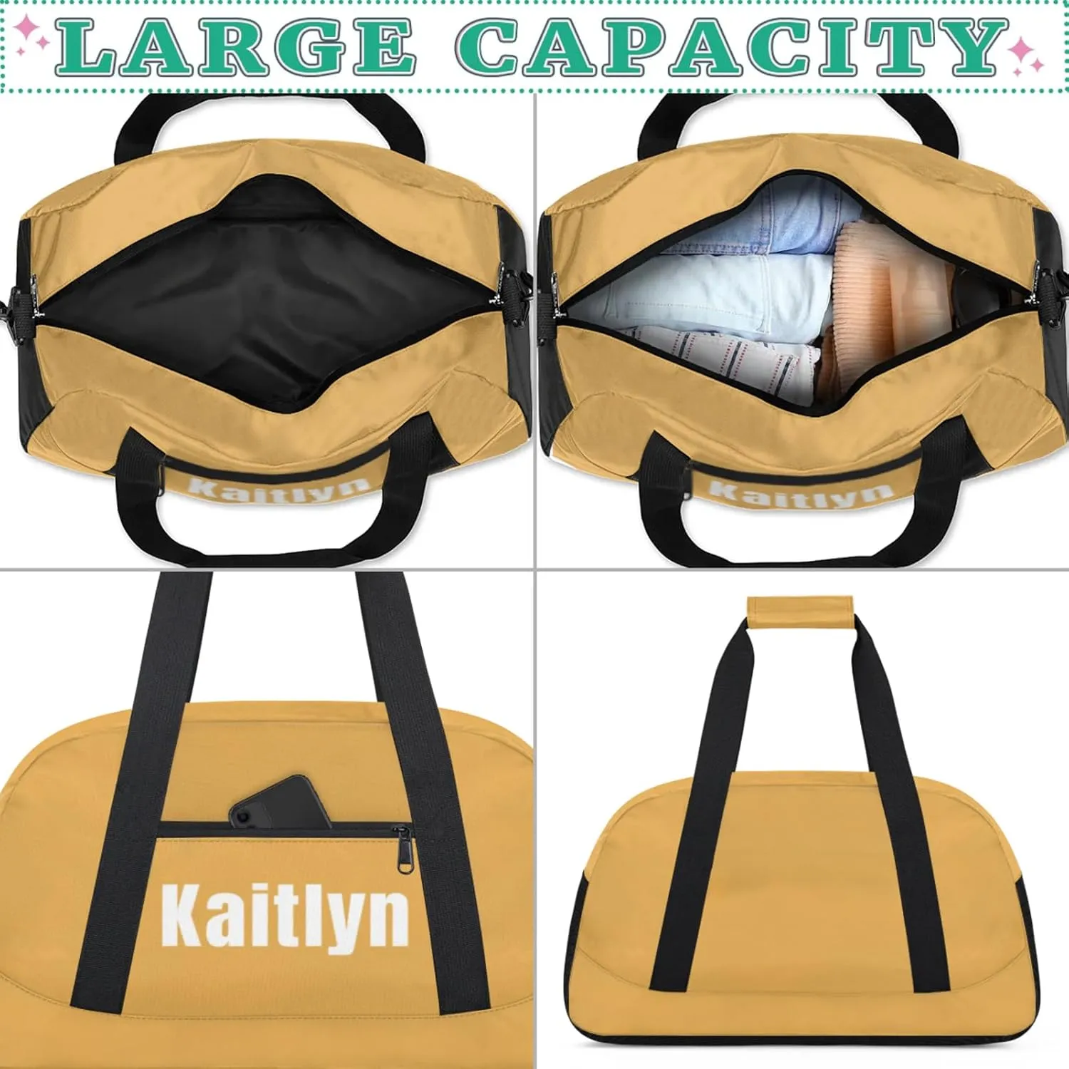 Custom Kids Duffel Bags with Name - On Overnight Travel Gym Lightweight Dance Personalize Sports Bags For Girls Boys Kids, Yellow