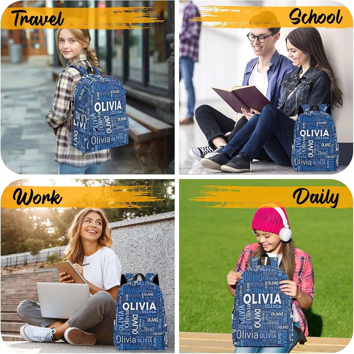 Custom Name Backpack, Personalized Schoolbag with Name for Boys Girls Kids, Customized Casual Backpack with Name Gifts for School Travel Picnic Camping Hiking