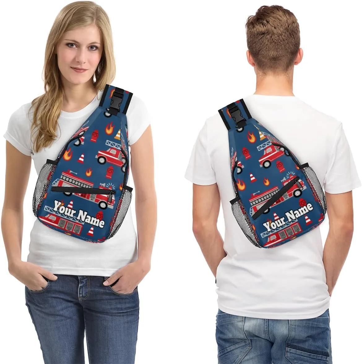 Custom Sling Bag With Name, Personalized Crossbody Shoulder Backpack for Men Women, Fire Engines Multipurpose Chest Pack,Leisure Sports Outdoor, Cartoon Truck