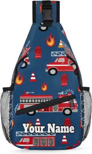 Custom Sling Bag With Name, Personalized Crossbody Shoulder Backpack for Men Women, Fire Engines Multipurpose Chest Pack,Leisure Sports Outdoor, Cartoon Truck