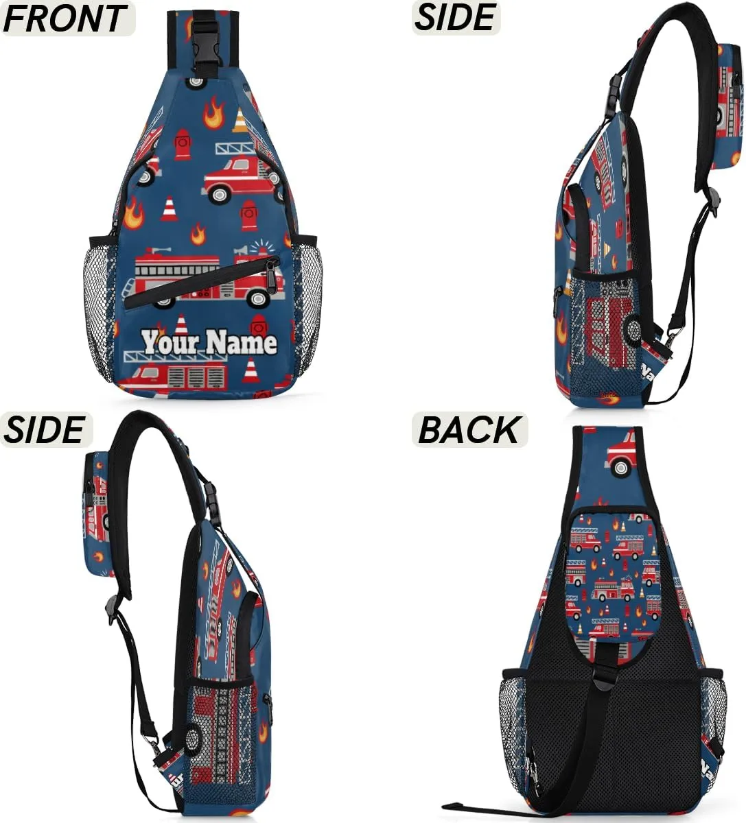 Custom Sling Bag With Name, Personalized Crossbody Shoulder Backpack for Men Women, Fire Engines Multipurpose Chest Pack,Leisure Sports Outdoor, Cartoon Truck
