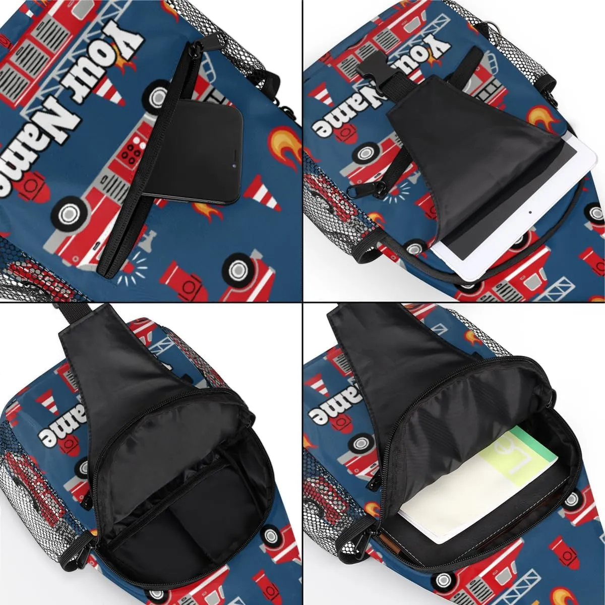 Custom Sling Bag With Name, Personalized Crossbody Shoulder Backpack for Men Women, Fire Engines Multipurpose Chest Pack,Leisure Sports Outdoor, Cartoon Truck