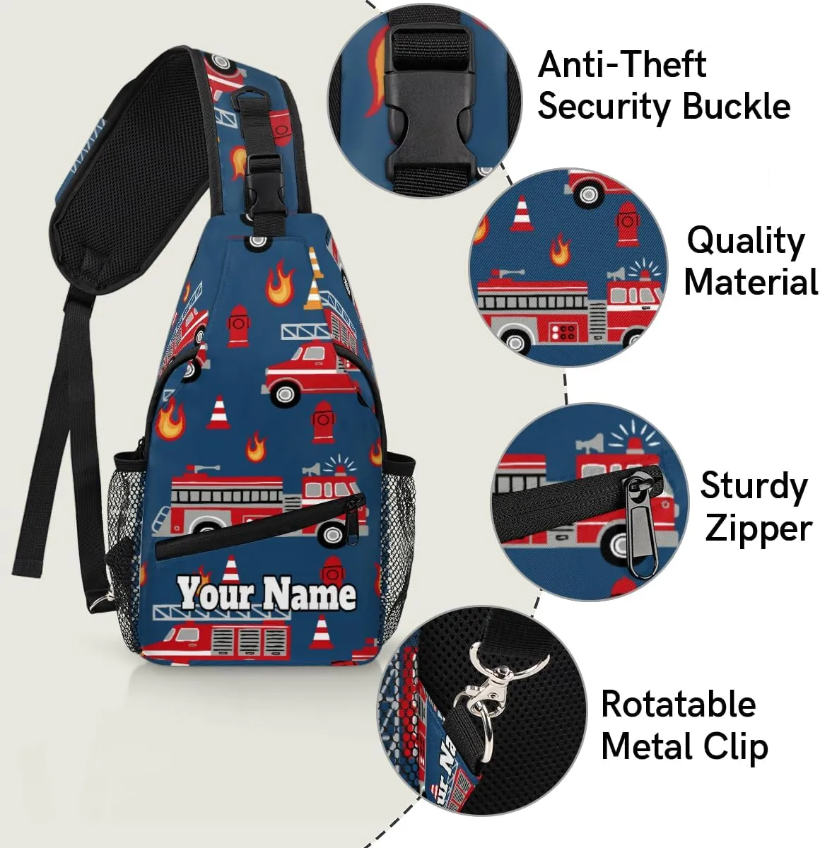 Custom Sling Bag With Name, Personalized Crossbody Shoulder Backpack for Men Women, Fire Engines Multipurpose Chest Pack,Leisure Sports Outdoor, Cartoon Truck