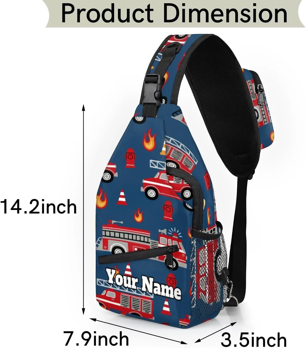 Custom Sling Bag With Name, Personalized Crossbody Shoulder Backpack for Men Women, Fire Engines Multipurpose Chest Pack,Leisure Sports Outdoor, Cartoon Truck