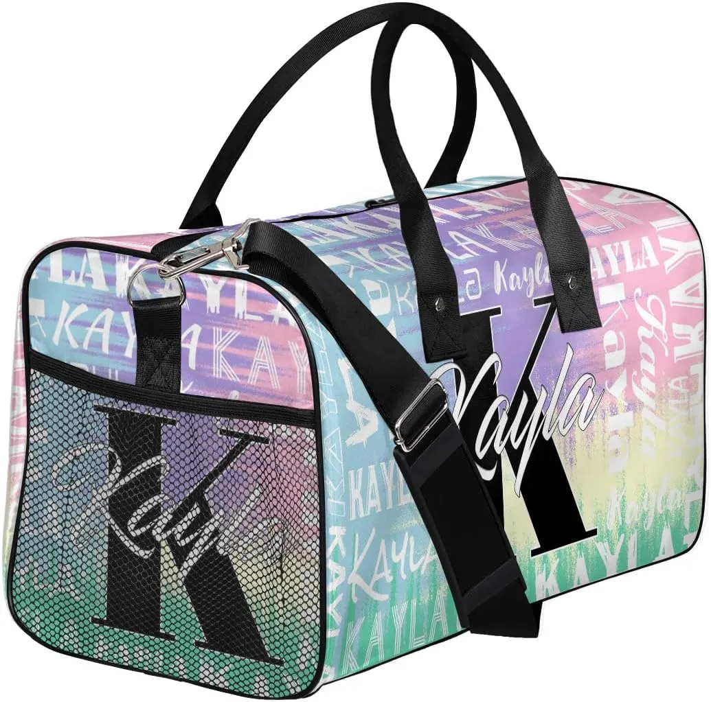 Custom Travel Bag, Personalized Duffle Bag with Initials Name, Sports Dance Gym Tote Bags Weekender Overnight Bag for Women Men, Blue Purple Pink
