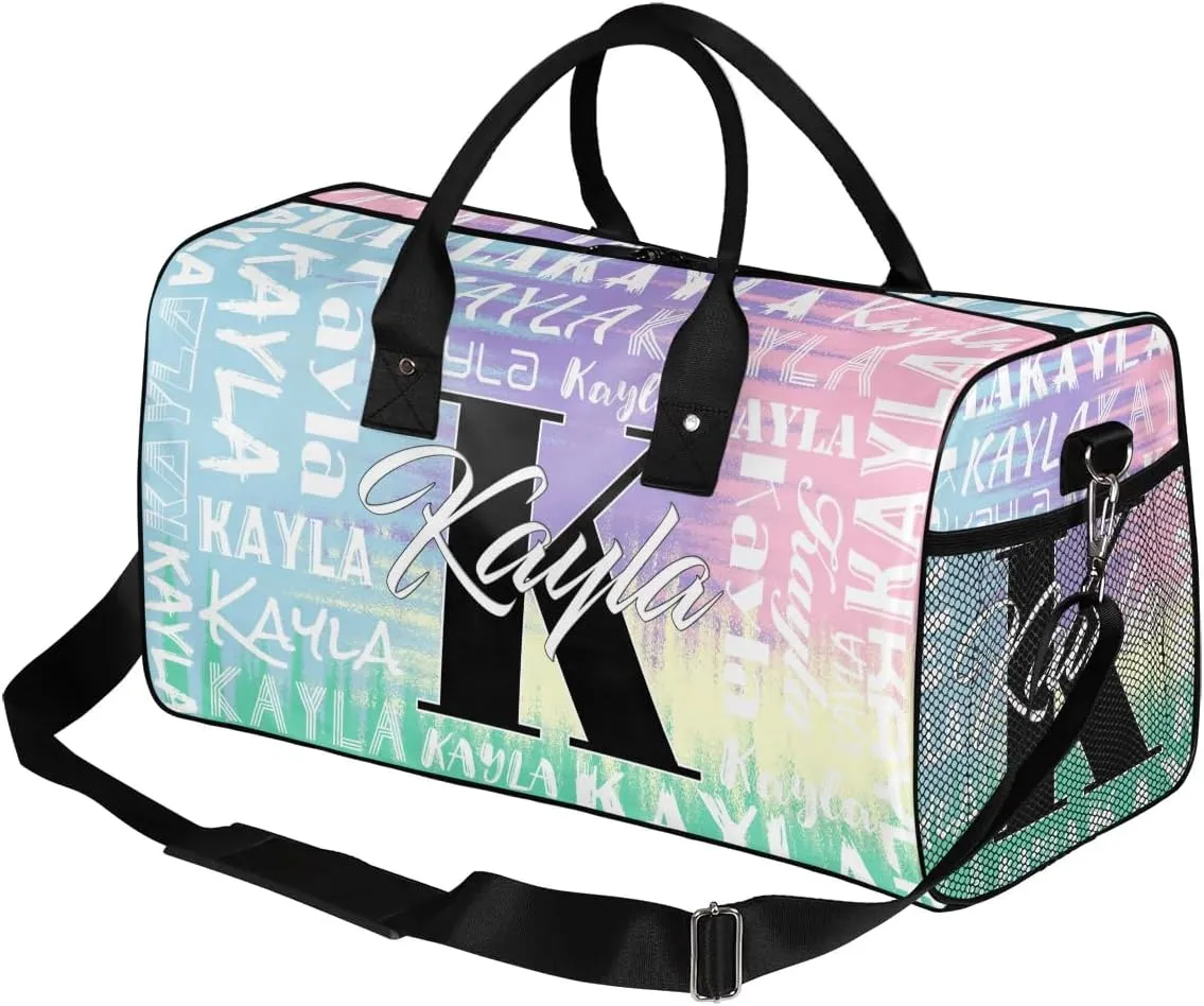 Custom Travel Bag, Personalized Duffle Bag with Initials Name, Sports Dance Gym Tote Bags Weekender Overnight Bag for Women Men, Blue Purple Pink