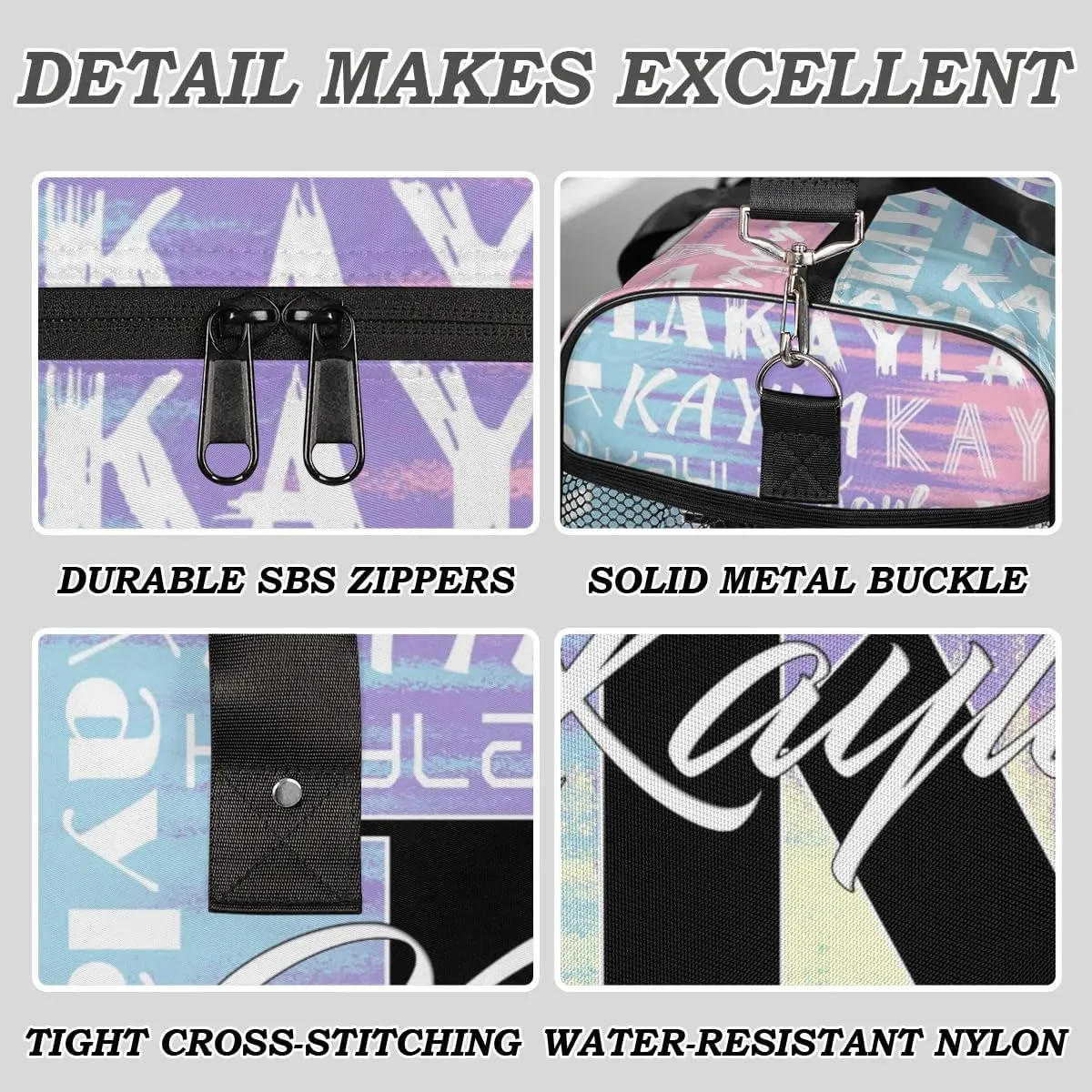Custom Travel Bag, Personalized Duffle Bag with Initials Name, Sports Dance Gym Tote Bags Weekender Overnight Bag for Women Men, Blue Purple Pink