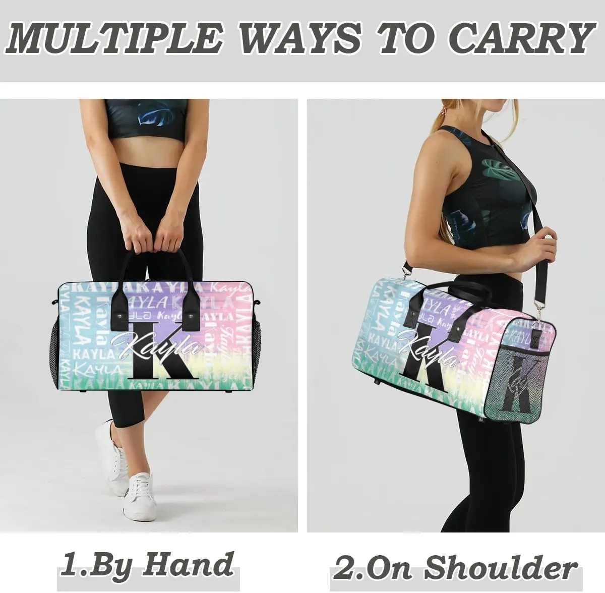 Custom Travel Bag, Personalized Duffle Bag with Initials Name, Sports Dance Gym Tote Bags Weekender Overnight Bag for Women Men, Blue Purple Pink