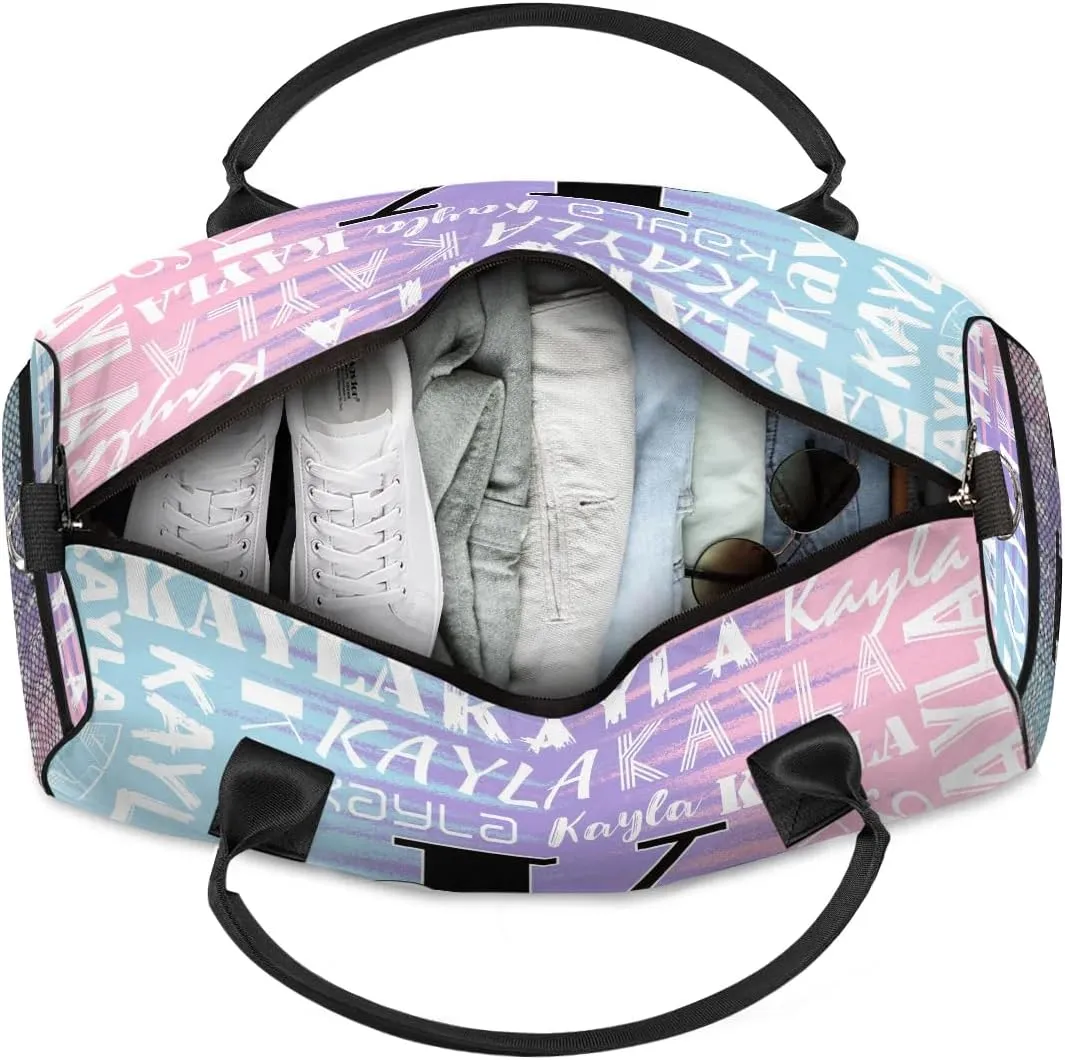 Custom Travel Bag, Personalized Duffle Bag with Initials Name, Sports Dance Gym Tote Bags Weekender Overnight Bag for Women Men, Blue Purple Pink