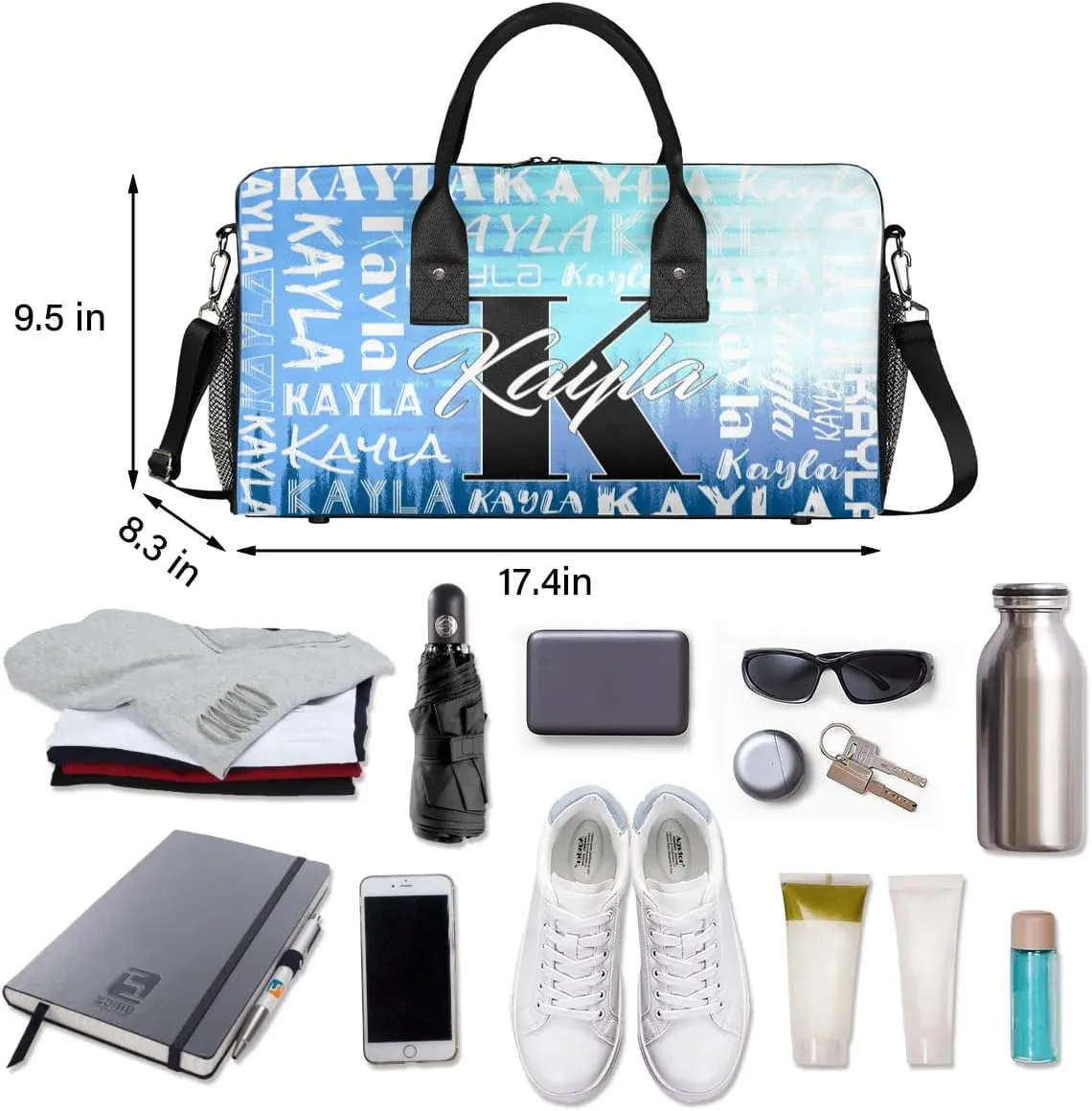 Custom Travel Bag, Personalized Duffle Bag with Initials Name, Sports Dance Gym Tote Bags Weekender Overnight Bag for Women Men, Gradient Blue