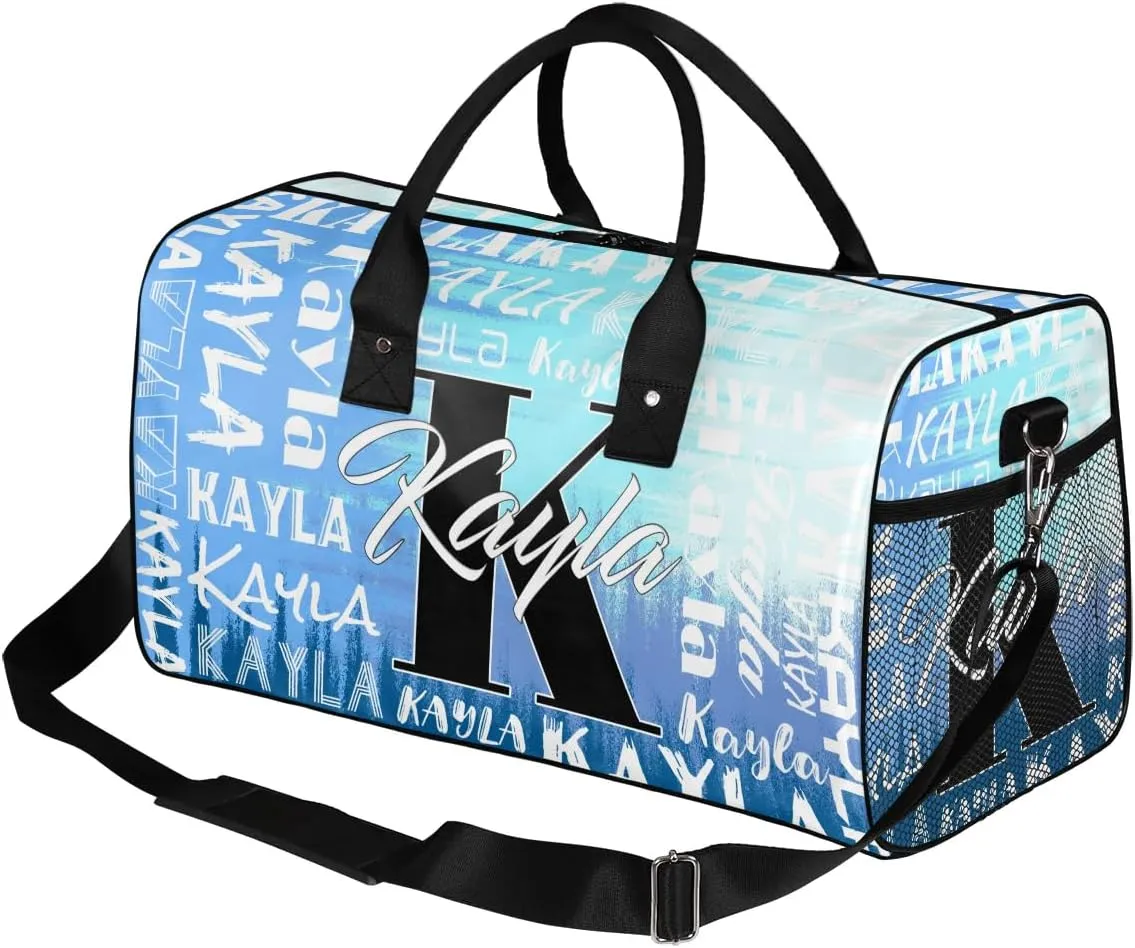 Custom Travel Bag, Personalized Duffle Bag with Initials Name, Sports Dance Gym Tote Bags Weekender Overnight Bag for Women Men, Gradient Blue