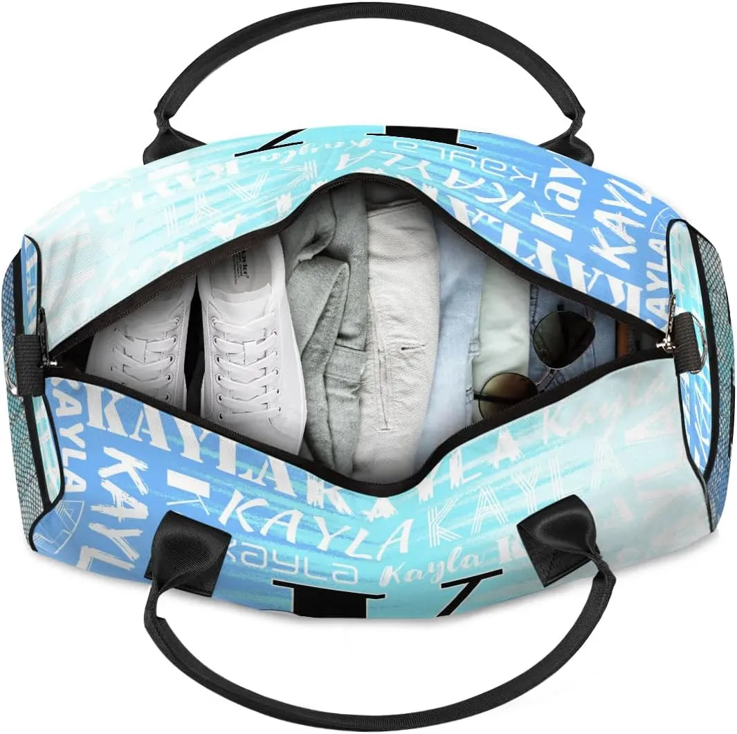 Custom Travel Bag, Personalized Duffle Bag with Initials Name, Sports Dance Gym Tote Bags Weekender Overnight Bag for Women Men, Gradient Blue