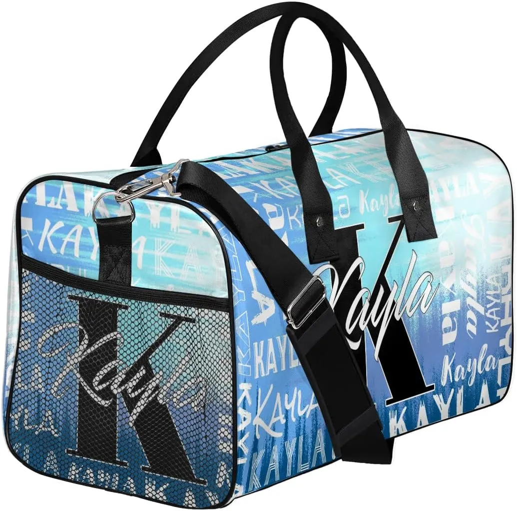 Custom Travel Bag, Personalized Duffle Bag with Initials Name, Sports Dance Gym Tote Bags Weekender Overnight Bag for Women Men, Gradient Blue