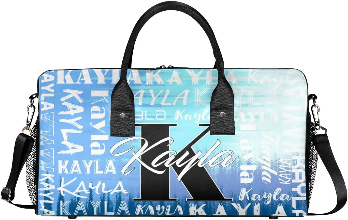 Custom Travel Bag, Personalized Duffle Bag with Initials Name, Sports Dance Gym Tote Bags Weekender Overnight Bag for Women Men, Gradient Blue